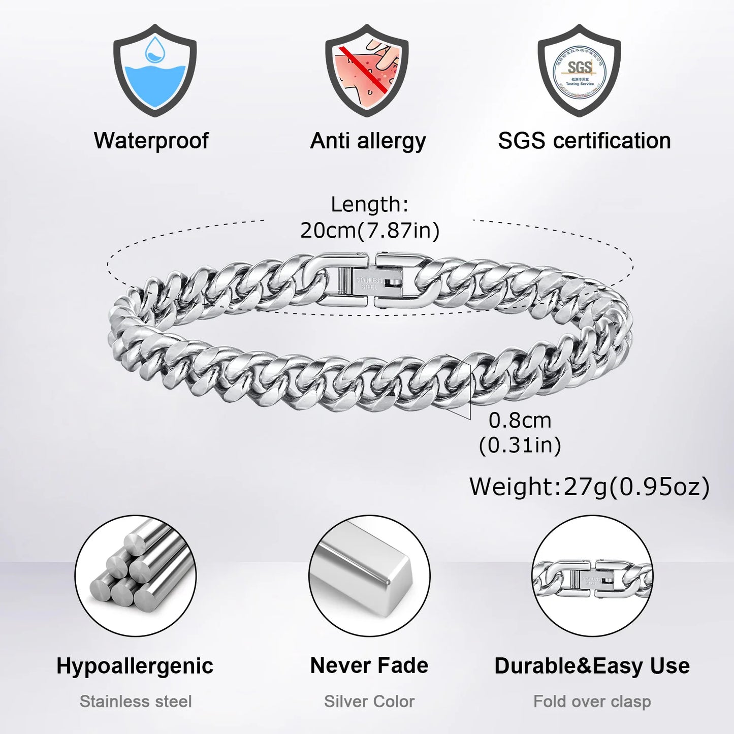 6-12MM Cuban Chain Mens Bracelet,Waterproof