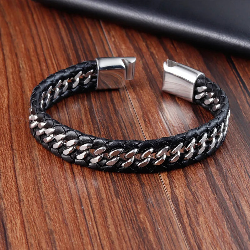 Jewelry Luxury Stainless Steel Bracelets Genuine Leather Multi-layer Woven Nomination Link Bracelet Black Men's Chain