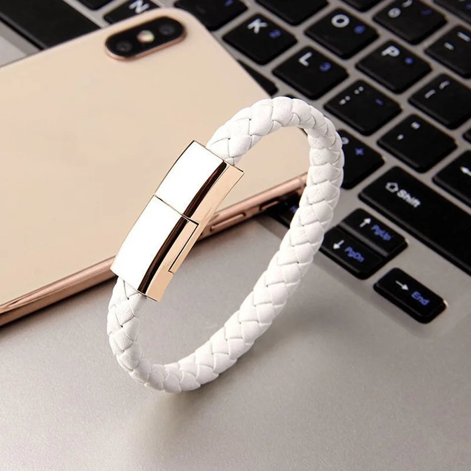 USB Fast Charging Type-C Bracelet Alloy Leather iPhone Android Charging Cable