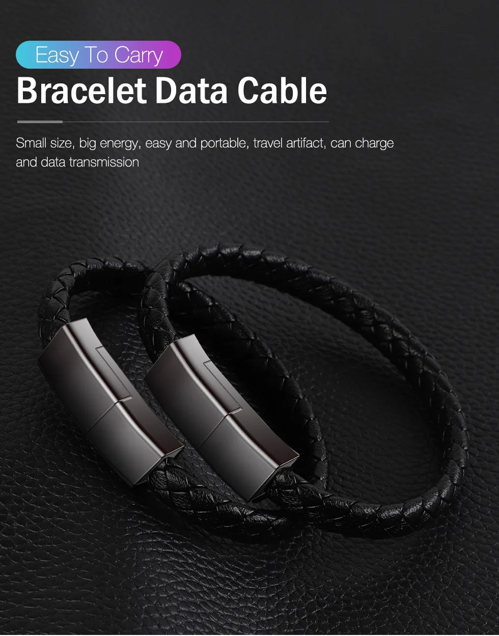 USB Fast Charging Type-C Bracelet Alloy Leather iPhone Android Charging Cable