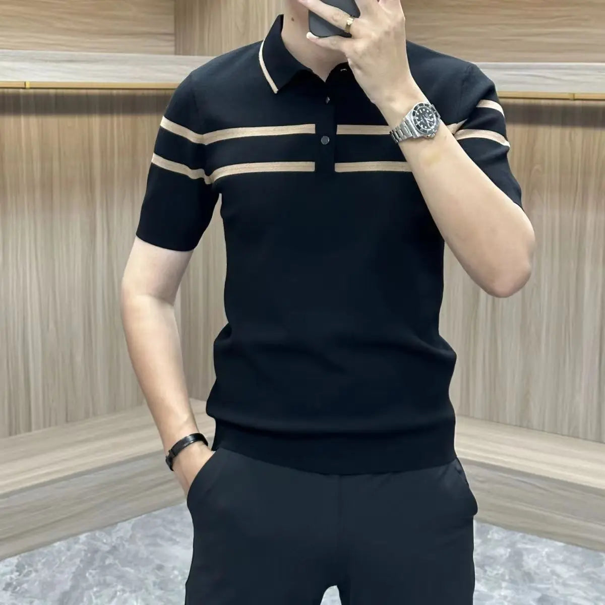Summer New Striped Collar Men's Short Sleeve T-Shirt Trendy Fashion Slim Fit Knitted Collar Polo Shirt
