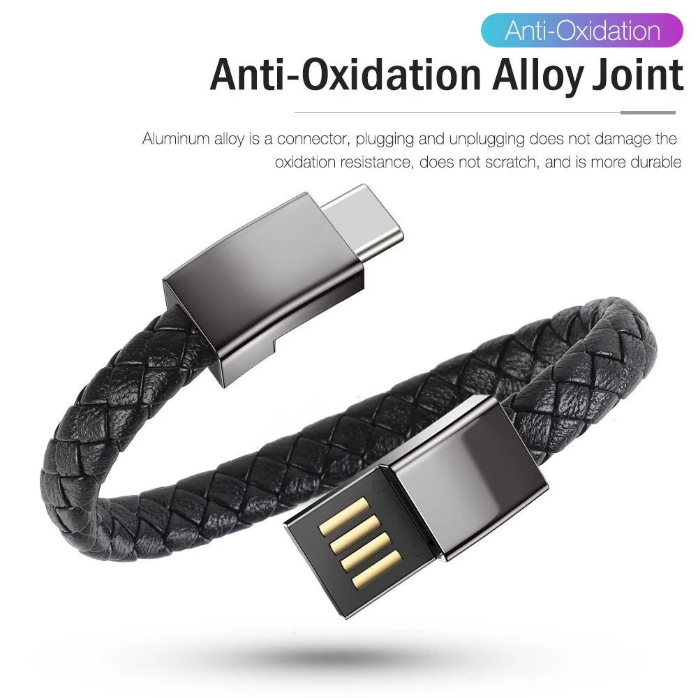 USB Fast Charging Type-C Bracelet Alloy Leather iPhone Android Charging Cable