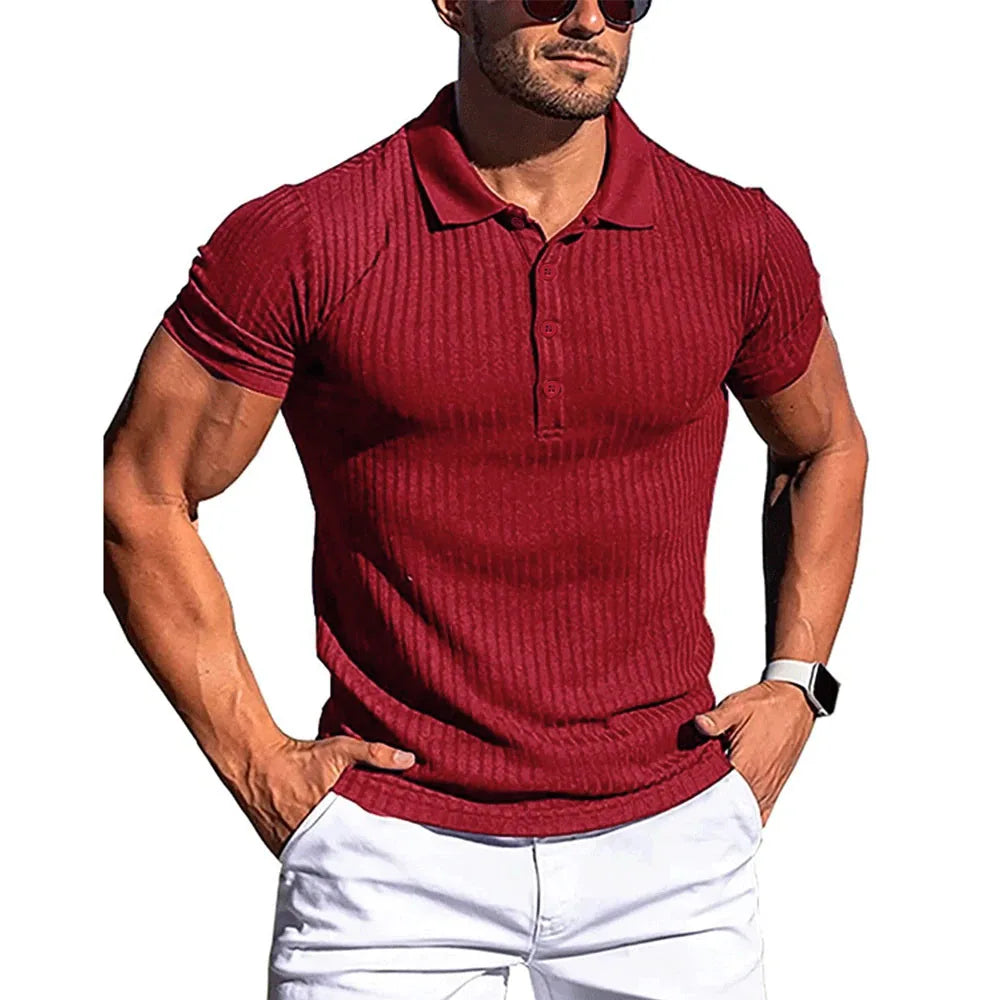 New Summer Polo Men Solid Stripe Fitness Elasticity Short Sleeve