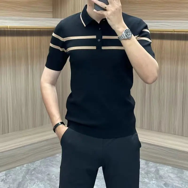 Summer New Striped Collar Men's Short Sleeve T-Shirt Trendy Fashion Slim Fit Knitted Collar Polo Shirt
