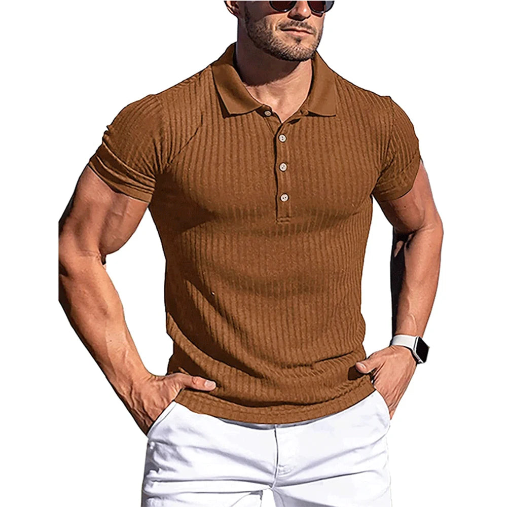 New Summer Polo Men Solid Stripe Fitness Elasticity Short Sleeve