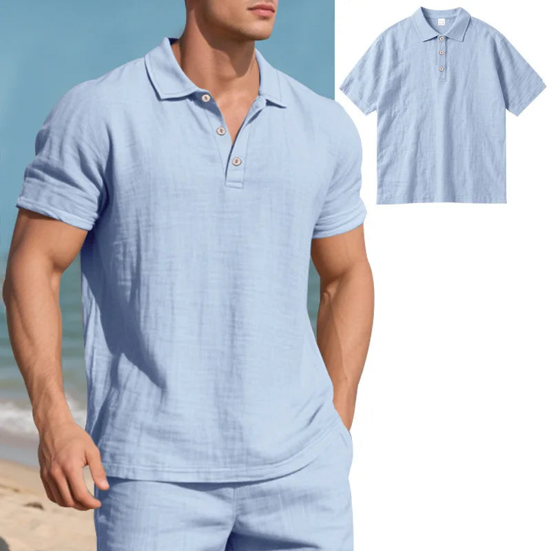 Men s Casual Short Sleeve Linen Shirt with Lapel Collar and Button Detail