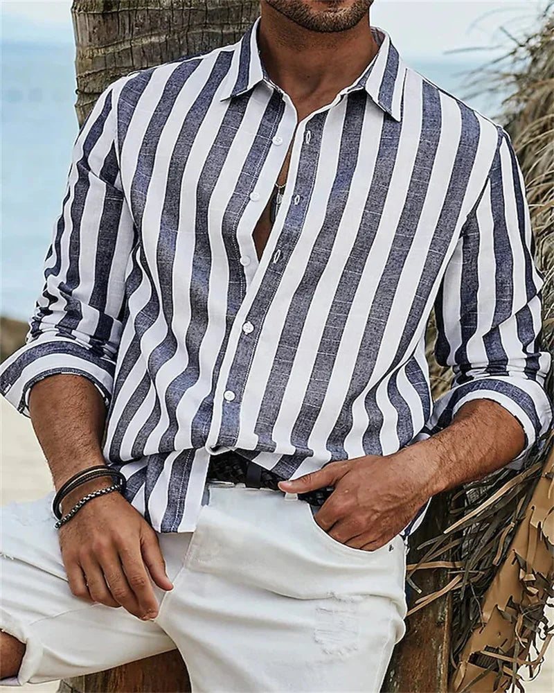 Long-sleeved blue striped printed shirt