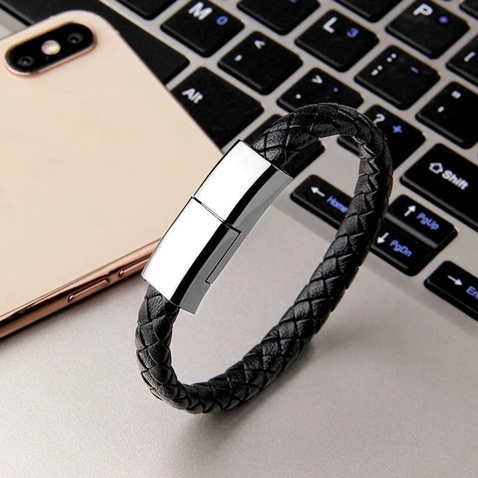 USB Fast Charging Type-C Bracelet Alloy Leather iPhone Android Charging Cable