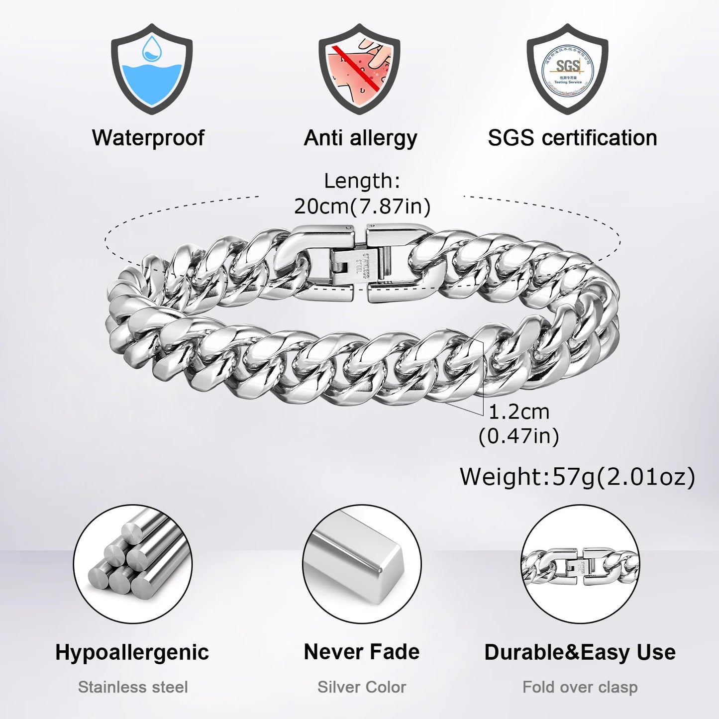 6-12MM Cuban Chain Mens Bracelet,Waterproof