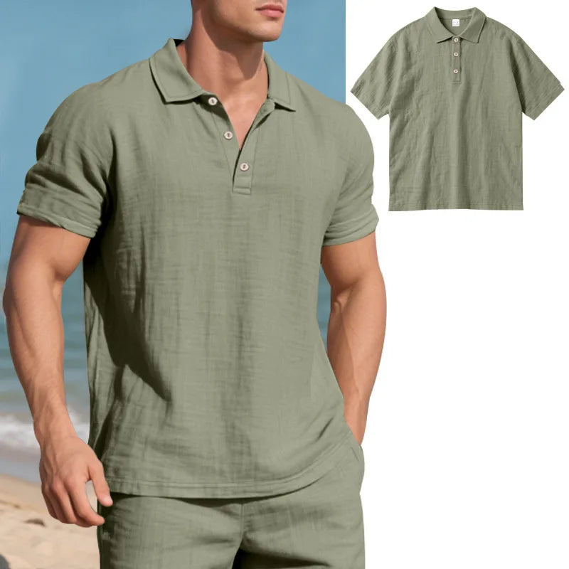 Men s Casual Short Sleeve Linen Shirt with Lapel Collar and Button Detail