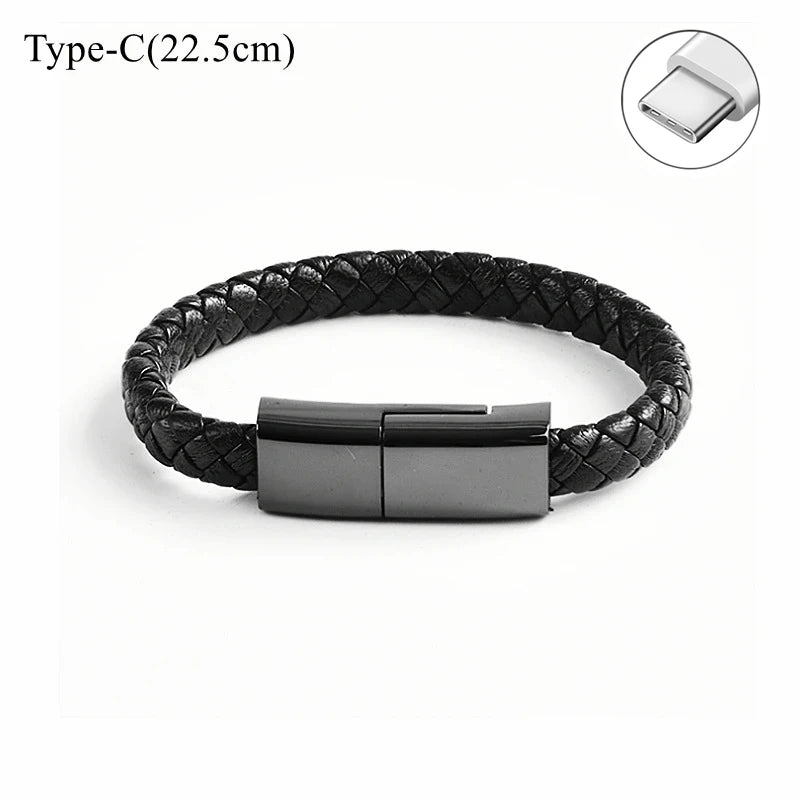 USB Fast Charging Type-C Bracelet Alloy Leather iPhone Android Charging Cable