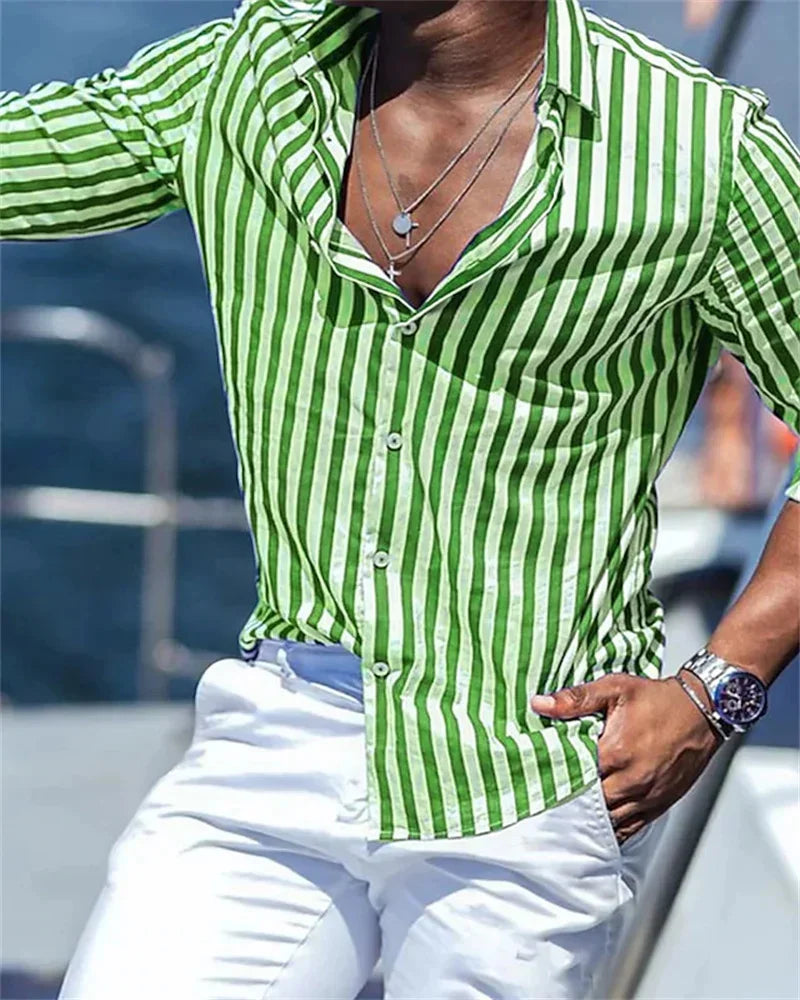 Long-sleeved blue striped printed shirt