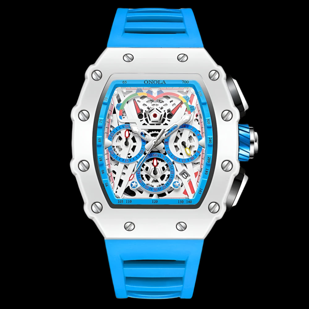 ONOLA Fashion Mens Tonneau Watches Waterproof Chronograph Quartz Clock Sports Silicone Strap White Wristwatch Luxury 2024 New