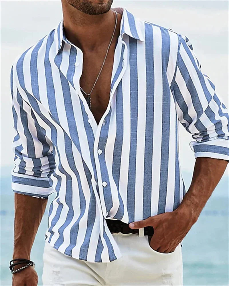 Long-sleeved blue striped printed shirt