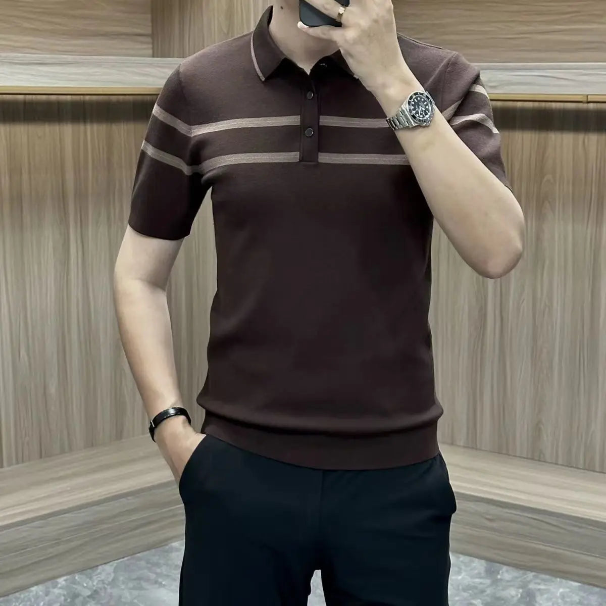 Summer New Striped Collar Men's Short Sleeve T-Shirt Trendy Fashion Slim Fit Knitted Collar Polo Shirt