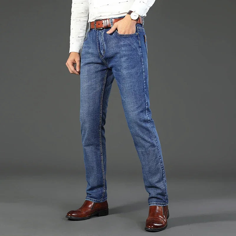 WTHINLEE Business Men's Jeans Casual Straight Stretch Fashion Classic Blue Work Denim Trousers Male Brand Clothing Size 28-40