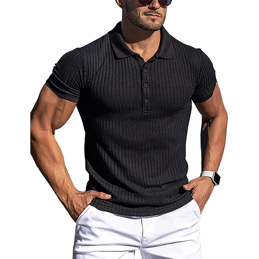 New Summer Polo Men Solid Stripe Fitness Elasticity Short Sleeve