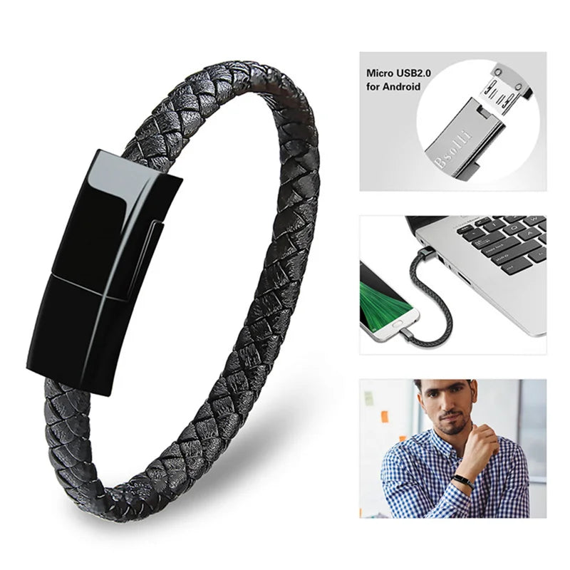 USB Fast Charging Type-C Bracelet Alloy Leather iPhone Android Charging Cable