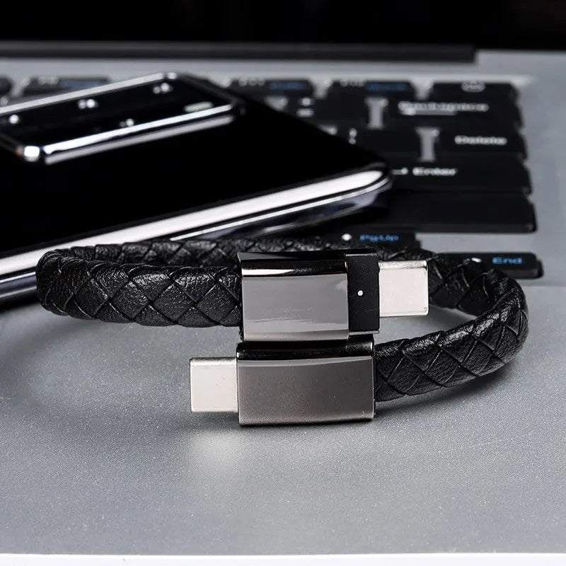USB Fast Charging Type-C Bracelet Alloy Leather iPhone Android Charging Cable