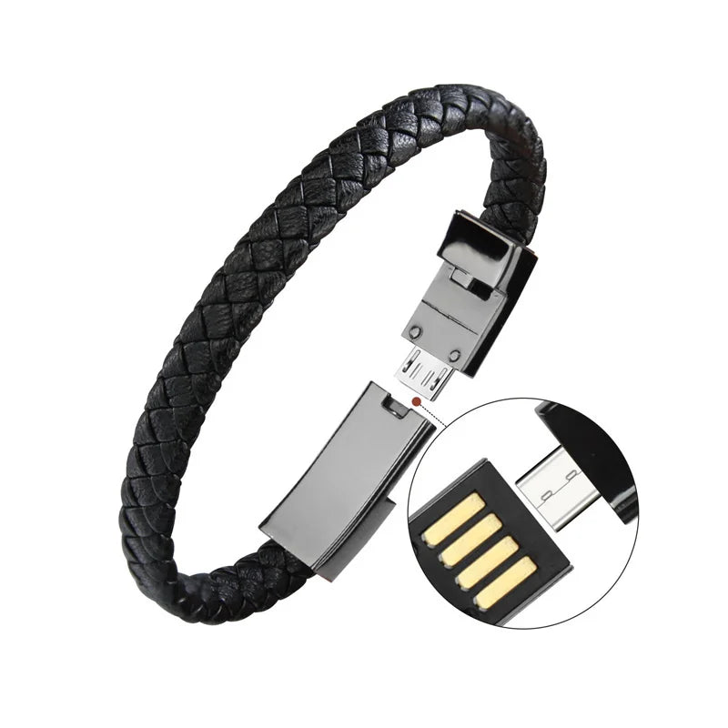 USB Fast Charging Type-C Bracelet Alloy Leather iPhone Android Charging Cable