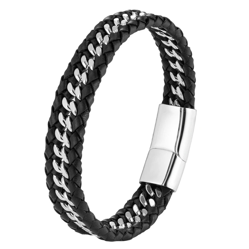 Jewelry Luxury Stainless Steel Bracelets Genuine Leather Multi-layer Woven Nomination Link Bracelet Black Men's Chain