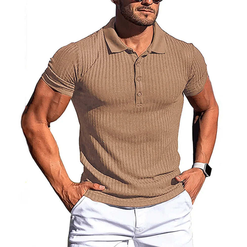 New Summer Polo Men Solid Stripe Fitness Elasticity Short Sleeve