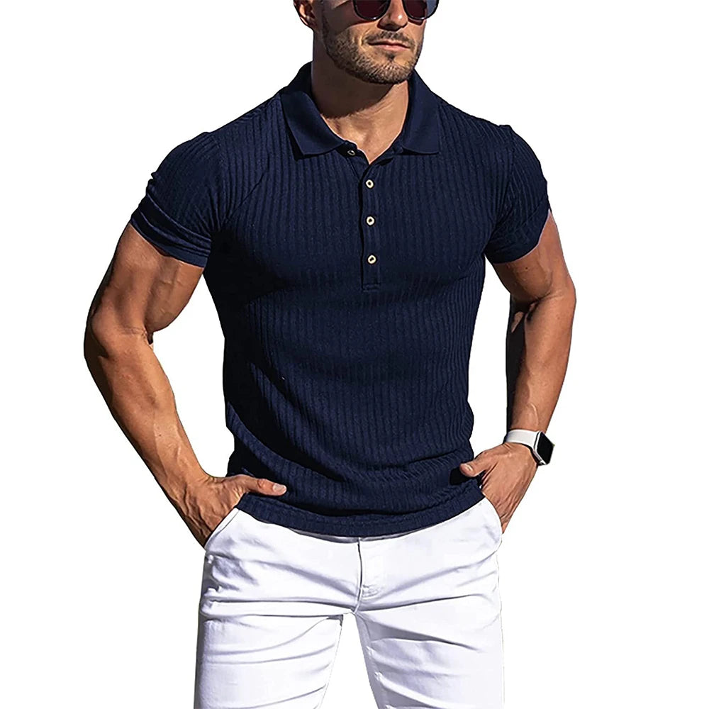 New Summer Polo Men Solid Stripe Fitness Elasticity Short Sleeve