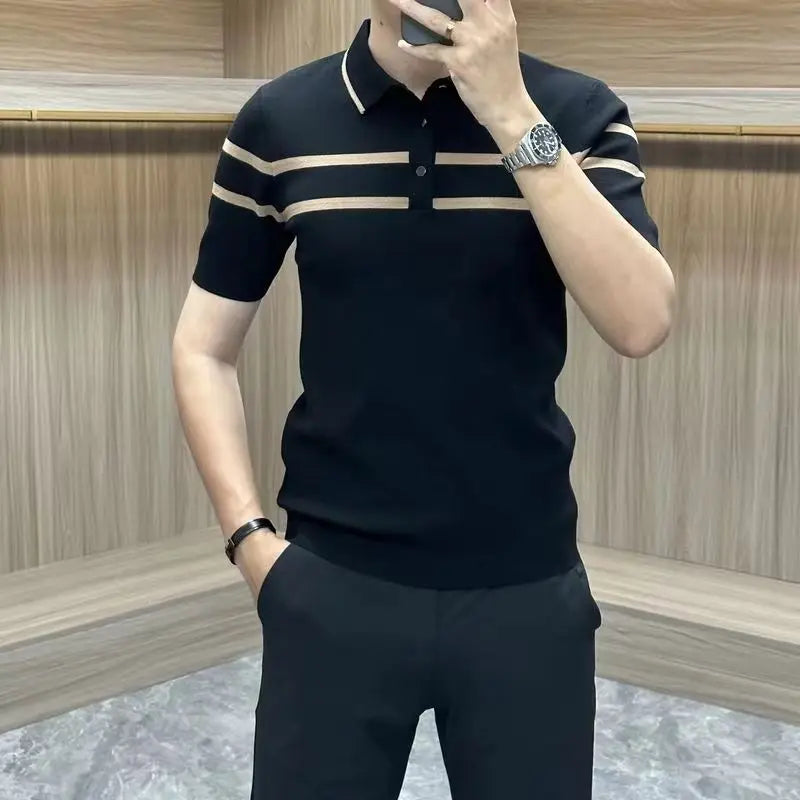 Summer New Striped Collar Men's Short Sleeve T-Shirt Trendy Fashion Slim Fit Knitted Collar Polo Shirt