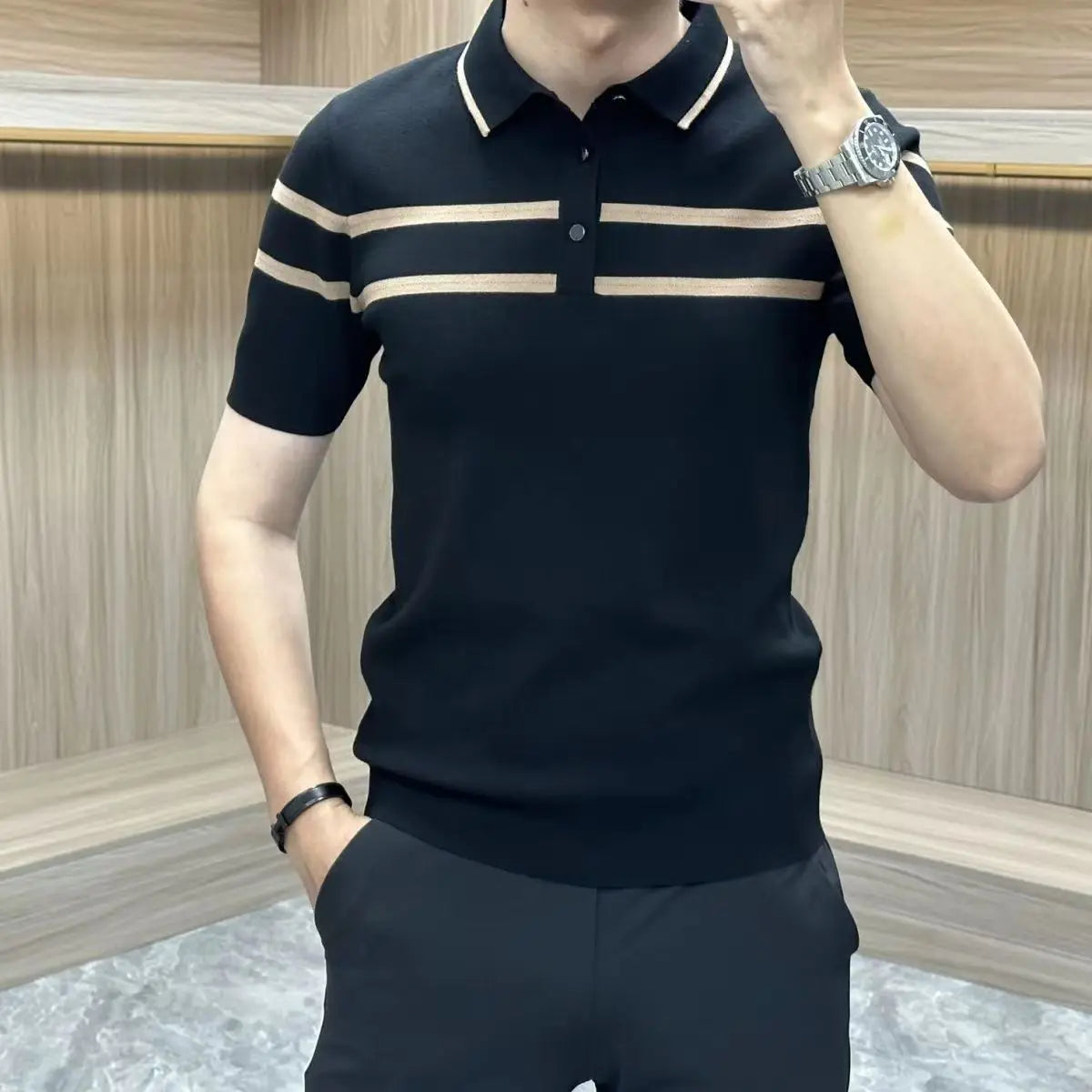 Summer New Striped Collar Men's Short Sleeve T-Shirt Trendy Fashion Slim Fit Knitted Collar Polo Shirt