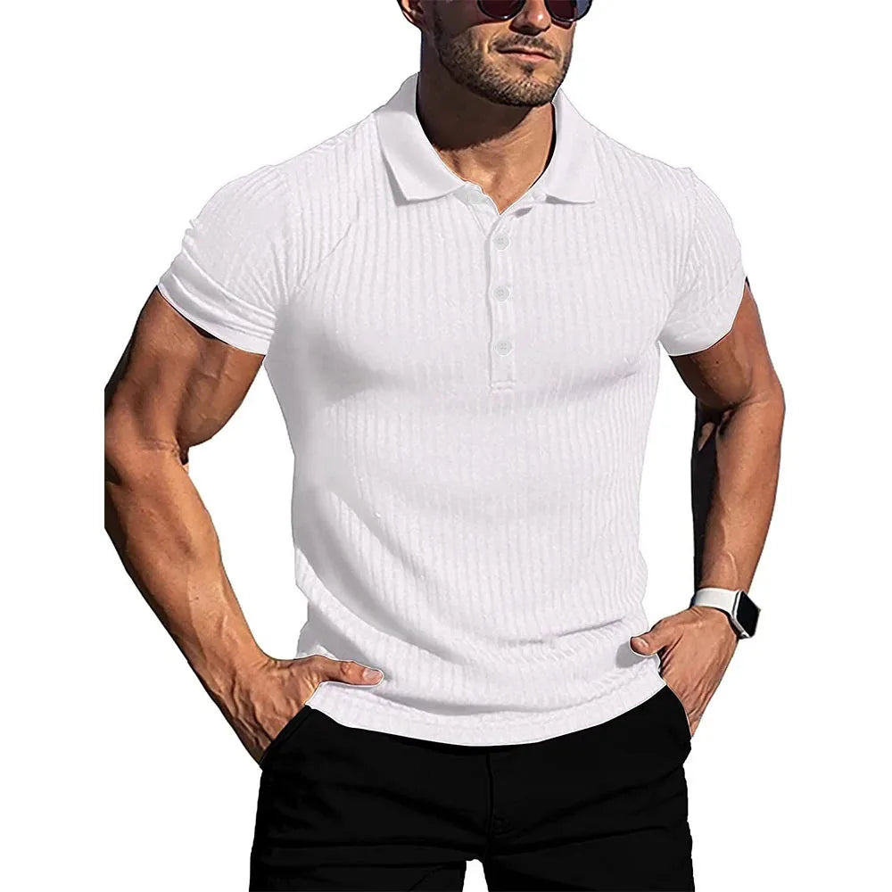 New Summer Polo Men Solid Stripe Fitness Elasticity Short Sleeve