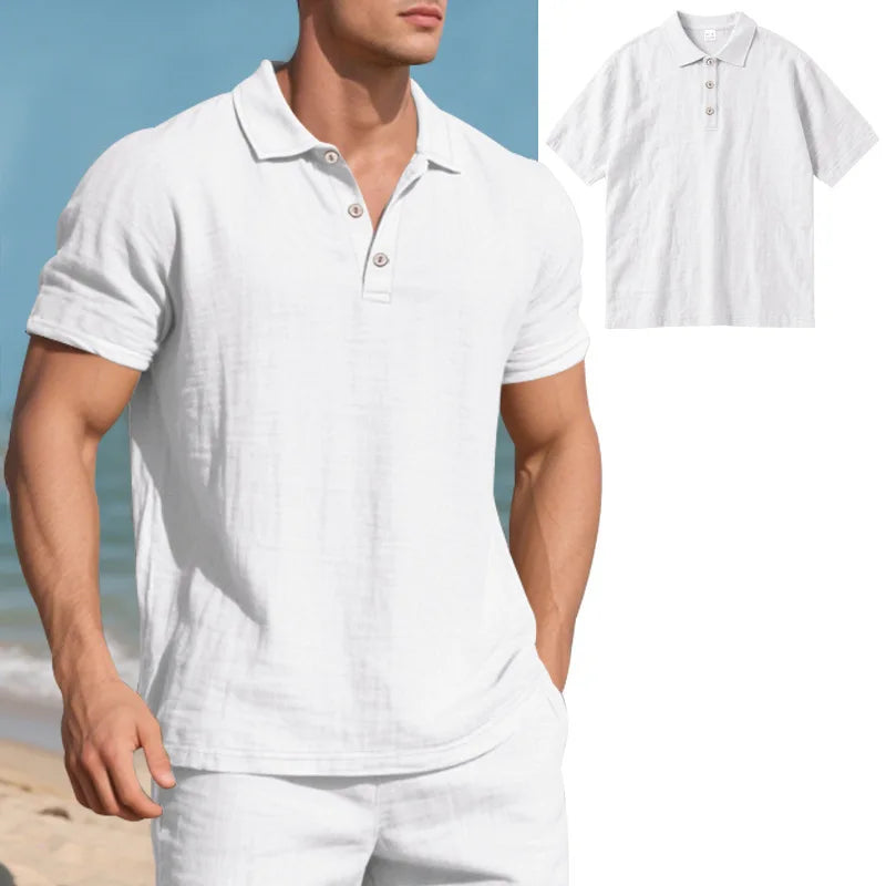 Men s Casual Short Sleeve Linen Shirt with Lapel Collar and Button Detail
