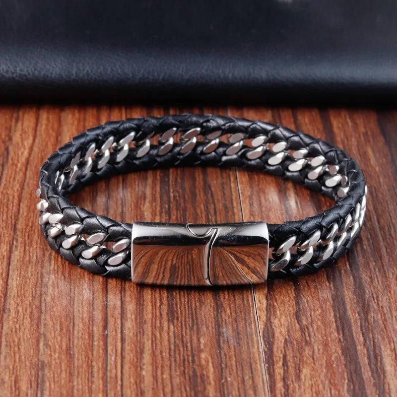 Jewelry Luxury Stainless Steel Bracelets Genuine Leather Multi-layer Woven Nomination Link Bracelet Black Men's Chain