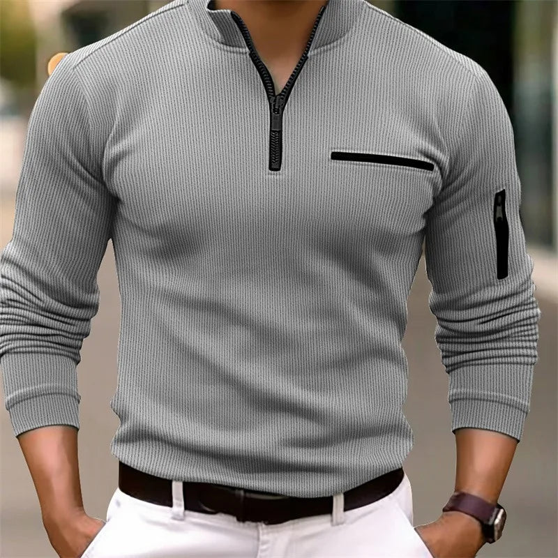 New light luxury light mature casual men sports retro style striped zipper arm fashion men outdoor long sleeve POLO shirt