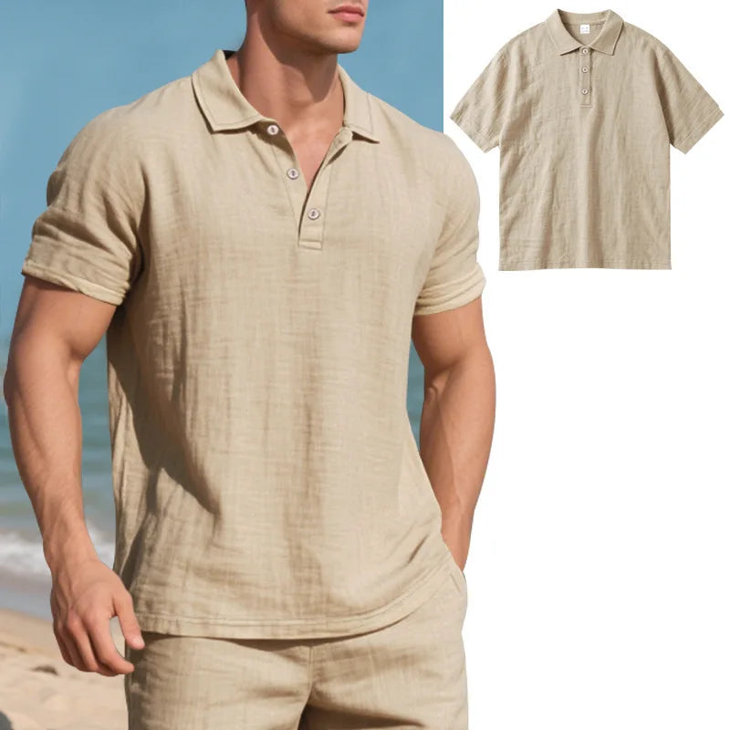 Men s Casual Short Sleeve Linen Shirt with Lapel Collar and Button Detail