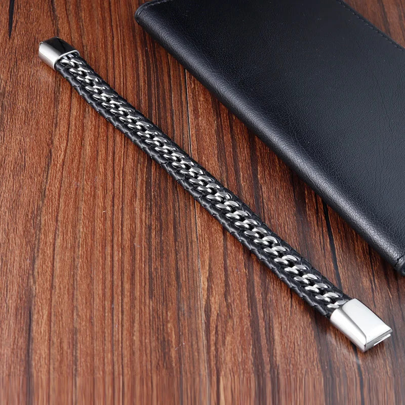 Jewelry Luxury Stainless Steel Bracelets Genuine Leather Multi-layer Woven Nomination Link Bracelet Black Men's Chain