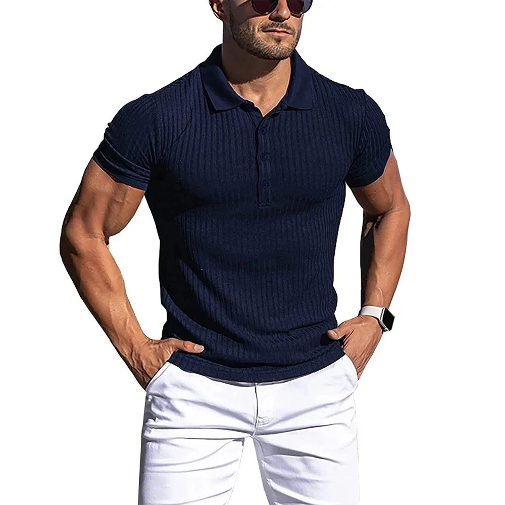 New Summer Polo Men Solid Stripe Fitness Elasticity Short Sleeve