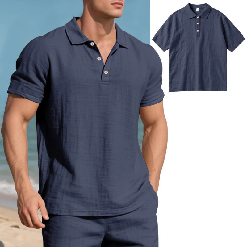 Men s Casual Short Sleeve Linen Shirt with Lapel Collar and Button Detail