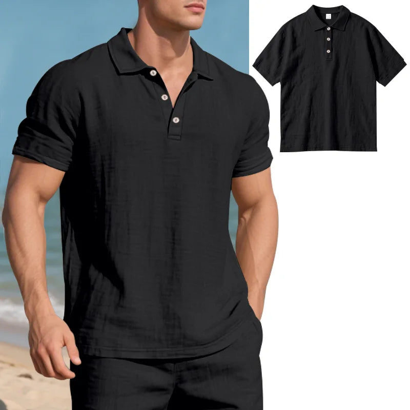 Men s Casual Short Sleeve Linen Shirt with Lapel Collar and Button Detail