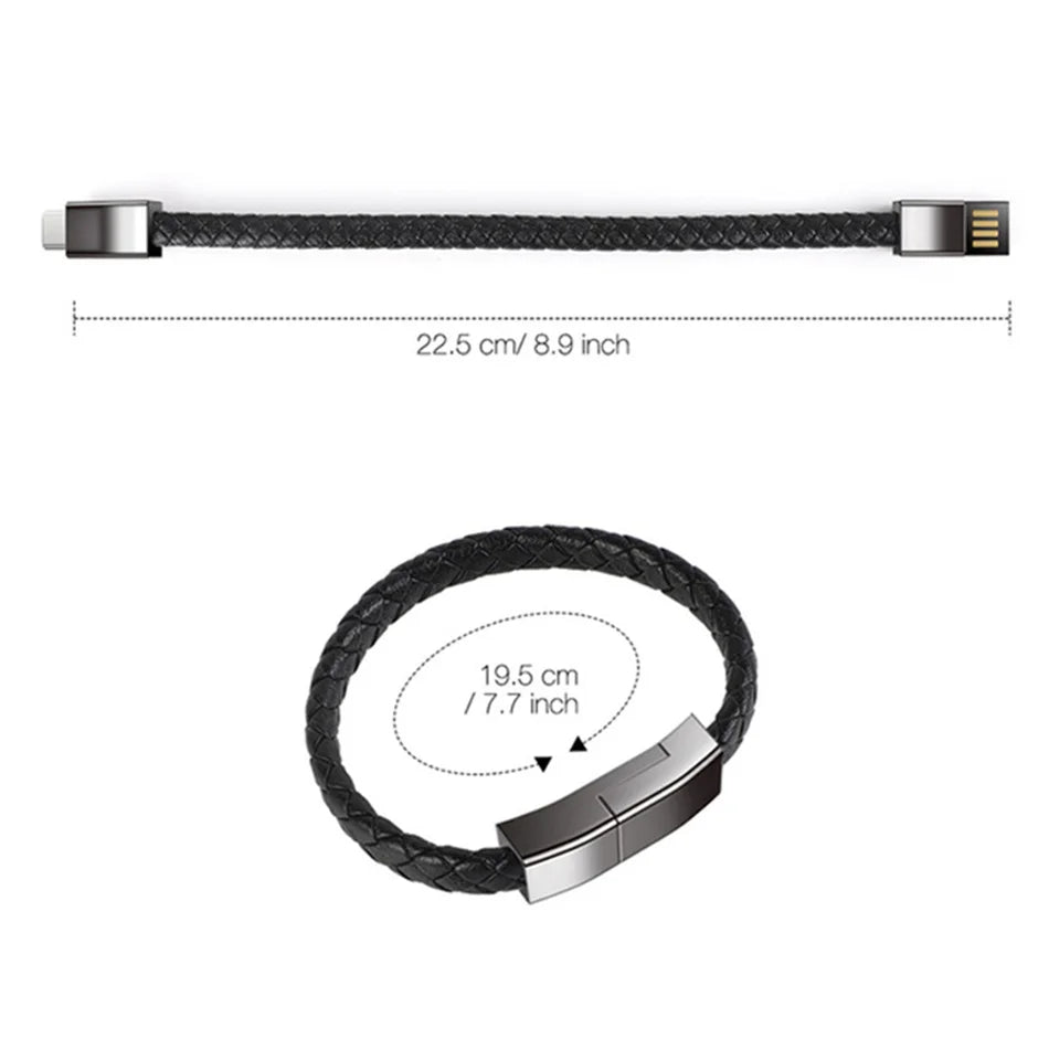 USB Fast Charging Type-C Bracelet Alloy Leather iPhone Android Charging Cable