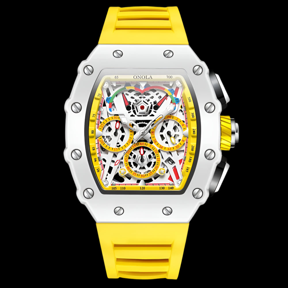 ONOLA Fashion Mens Tonneau Watches Waterproof Chronograph Quartz Clock Sports Silicone Strap White Wristwatch Luxury 2024 New