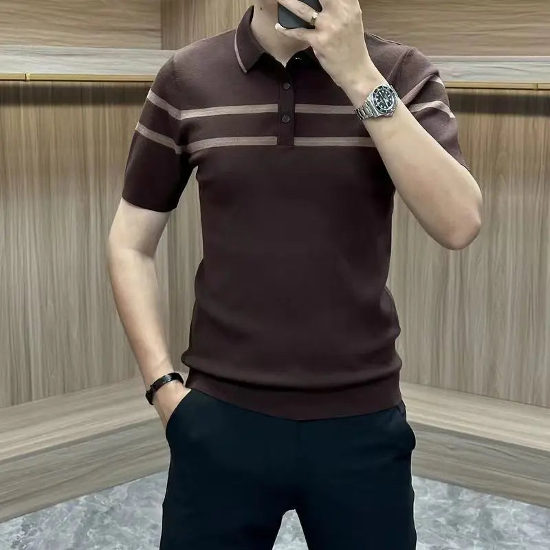 Summer New Striped Collar Men's Short Sleeve T-Shirt Trendy Fashion Slim Fit Knitted Collar Polo Shirt