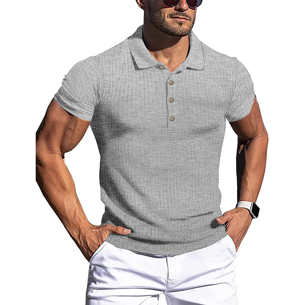 New Summer Polo Men Solid Stripe Fitness Elasticity Short Sleeve