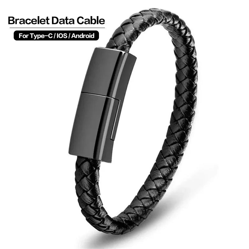 USB Fast Charging Type-C Bracelet Alloy Leather iPhone Android Charging Cable