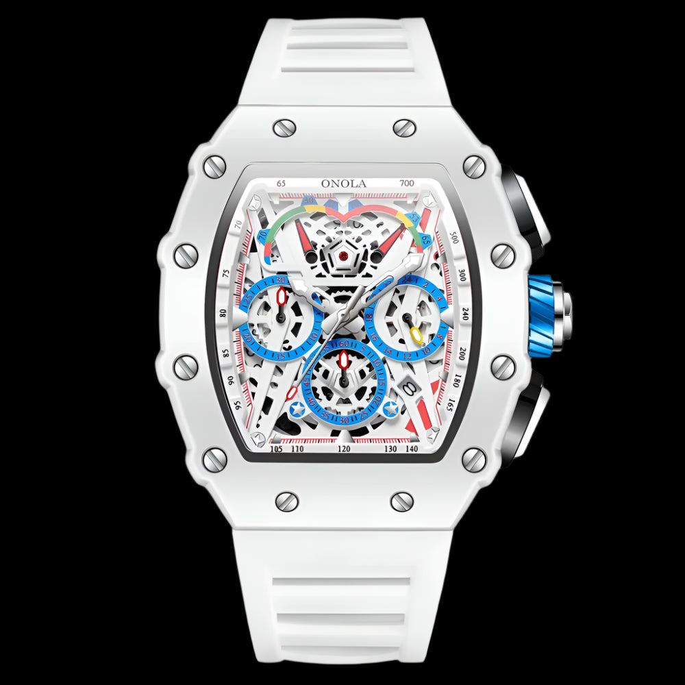 ONOLA Fashion Mens Tonneau Watches Waterproof Chronograph Quartz Clock Sports Silicone Strap White Wristwatch Luxury 2024 New