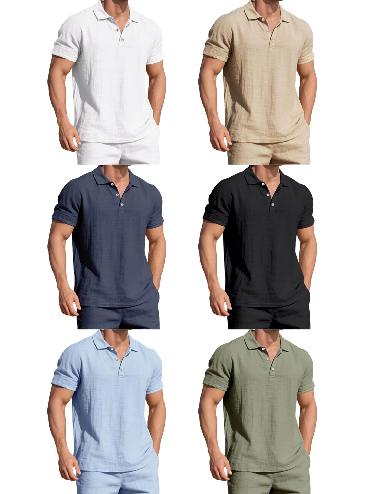 Men s Casual Short Sleeve Linen Shirt with Lapel Collar and Button Detail