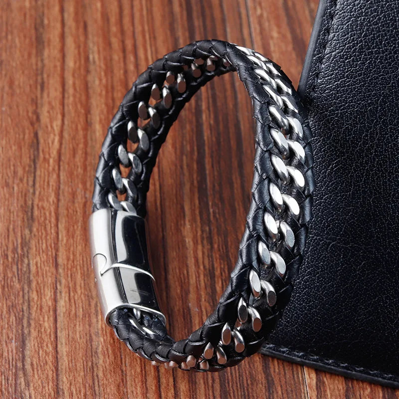 Jewelry Luxury Stainless Steel Bracelets Genuine Leather Multi-layer Woven Nomination Link Bracelet Black Men's Chain
