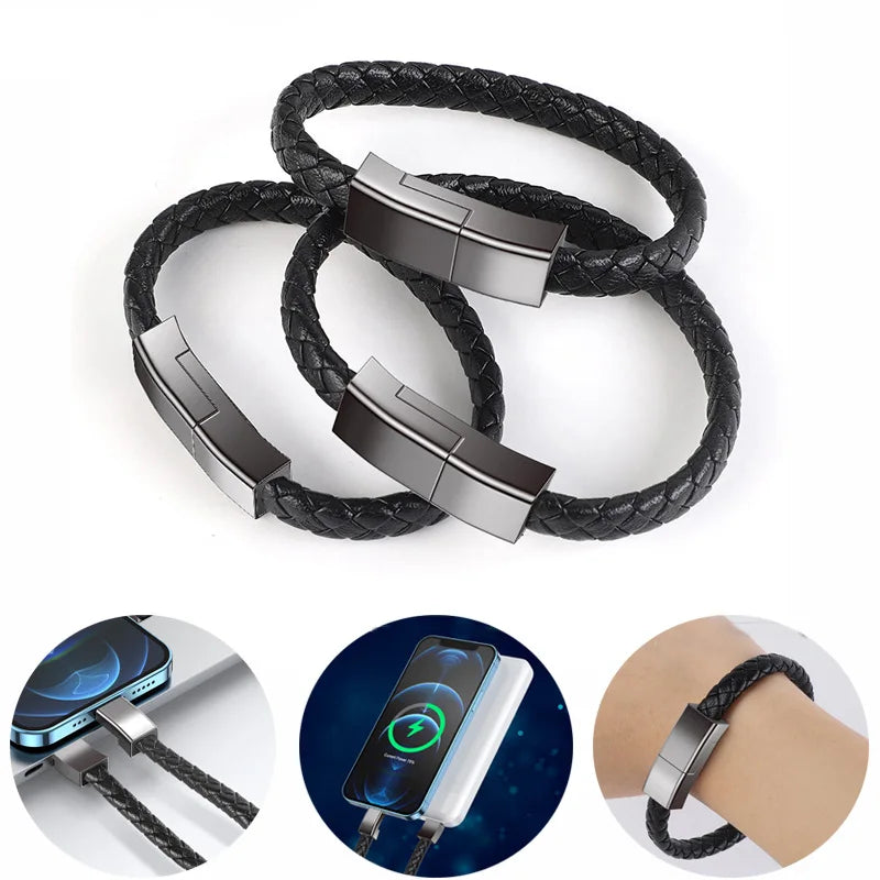 USB Fast Charging Type-C Bracelet Alloy Leather iPhone Android Charging Cable