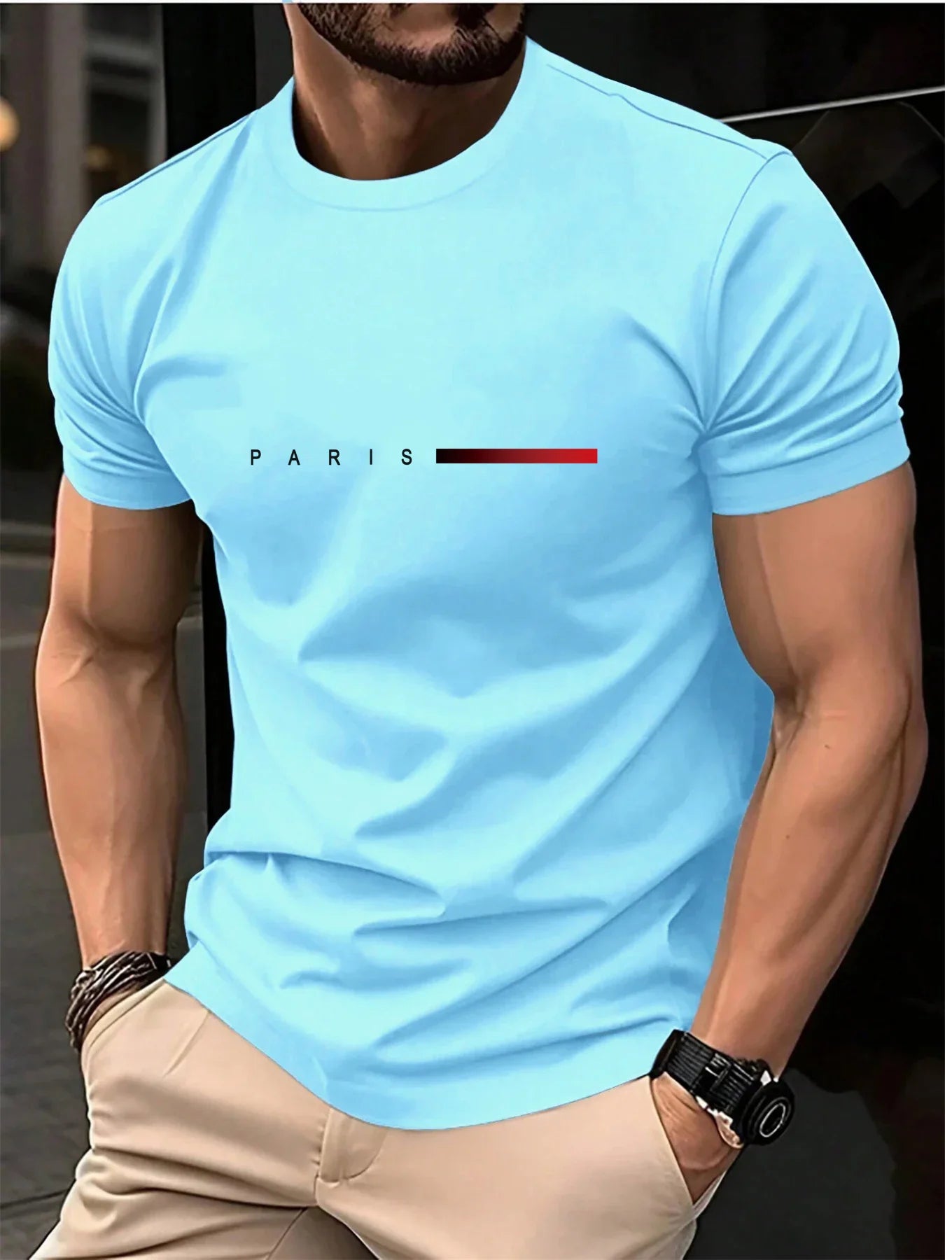 New fashionable t-shirt for men loose Paris style with creative print of letters casual round neck and short sleeves for summer