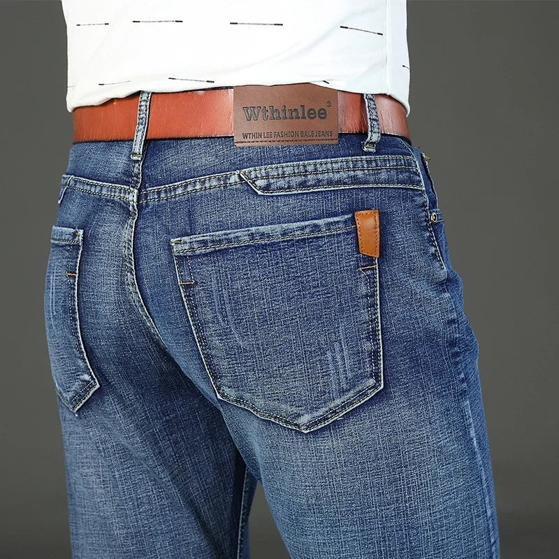 WTHINLEE Business Men's Jeans Casual Straight Stretch Fashion Classic Blue Work Denim Trousers Male Brand Clothing Size 28-40
