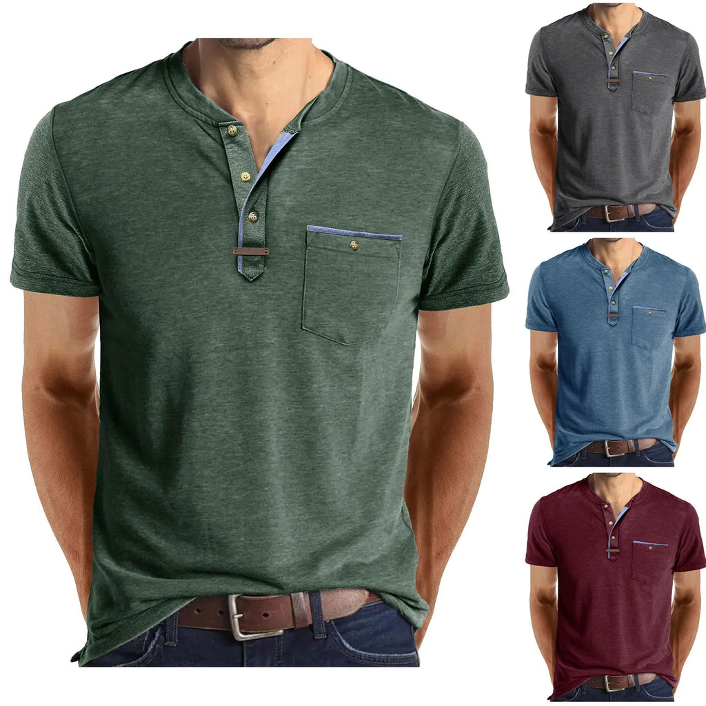 Men'S Short Sleeved T-Shirt Casual Round Neck Button Down Bottoming Shirt With Pocket Pullover Vintage Washed T-Shirt For Male